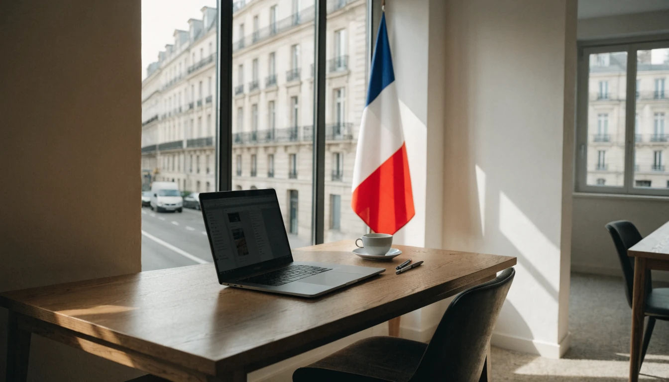 Bureau français moderne avec drapeau et lumière naturelle