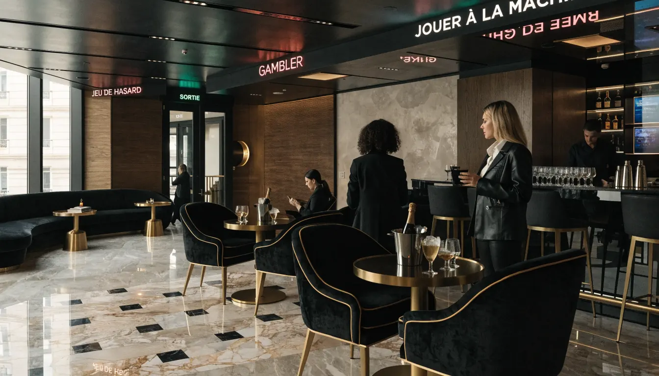 Lounge de casino moderne à Paris avec décor noir et or, éclairage doux, bar élégant.