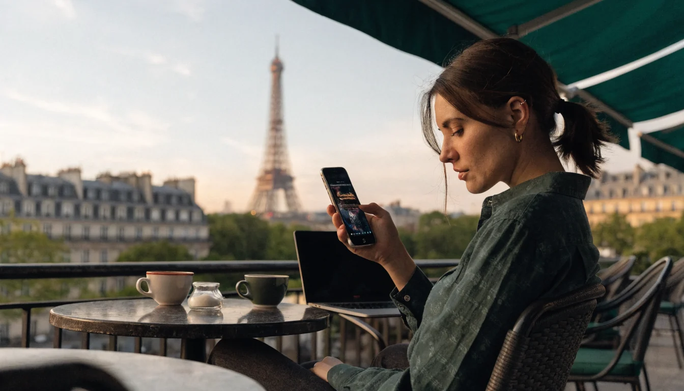 Jeune femme à Paris avec smartphone et code promo flou