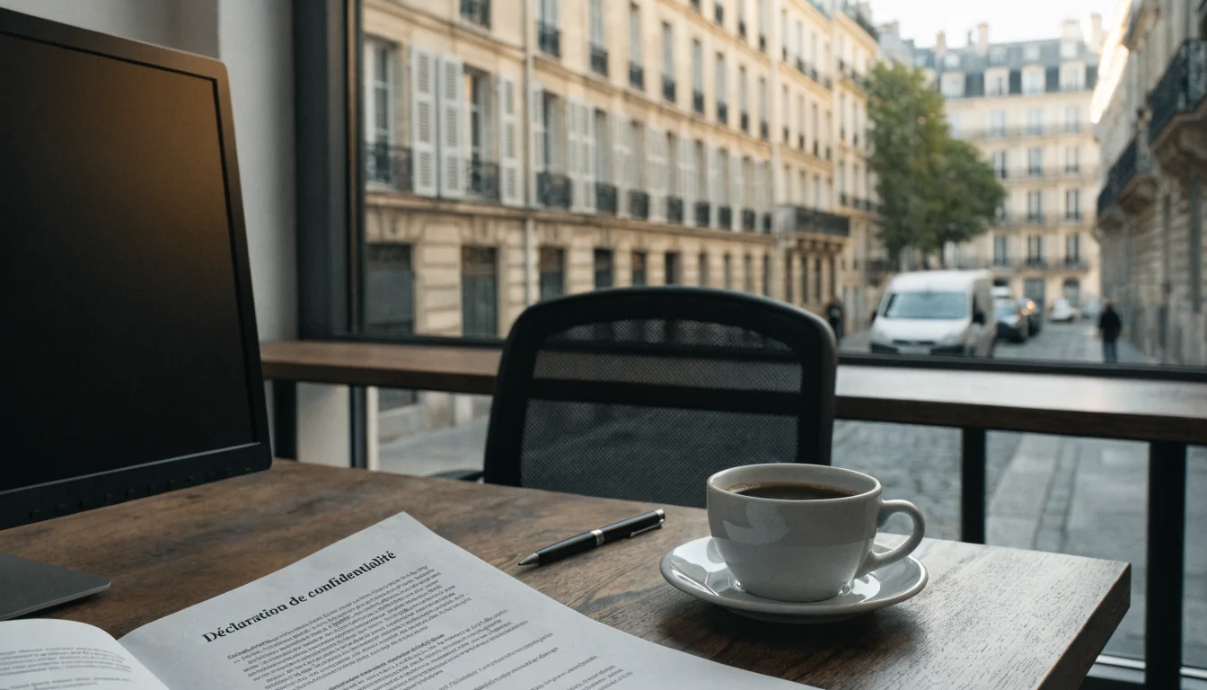 Bureau français avec document de non-responsabilité et vue parisienne