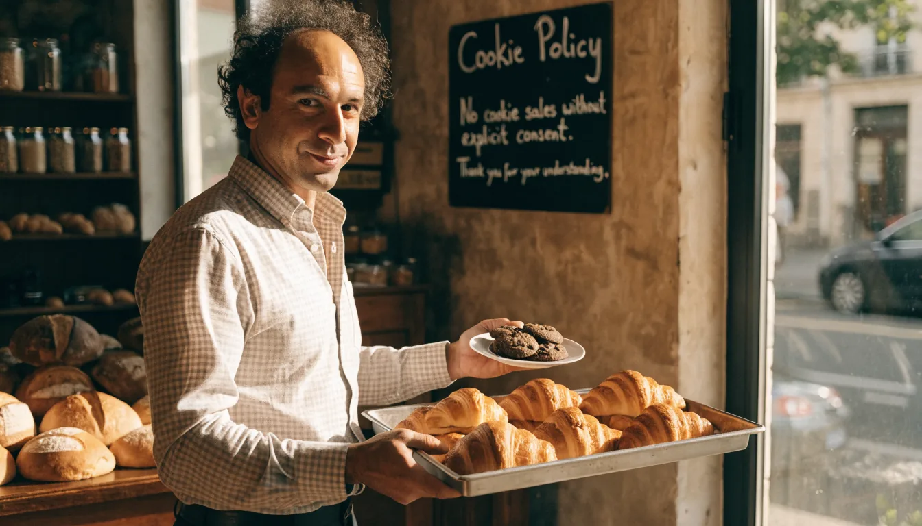 Boulanger français avec des cookies sur le comptoir