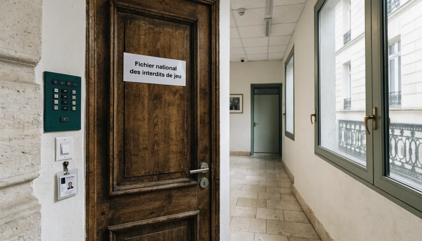 Couloir d'un bureau avec porte du fichier des interdits