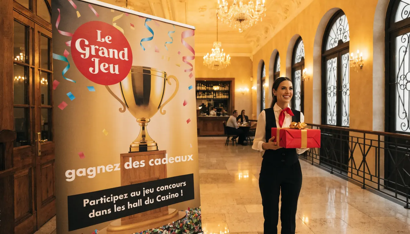 Bannière promotionnelle avec trophée doré et hôtesse