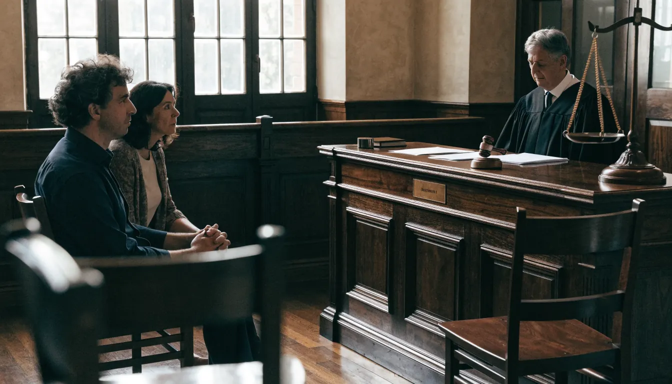 Salle d'audience française avec balance de la justice