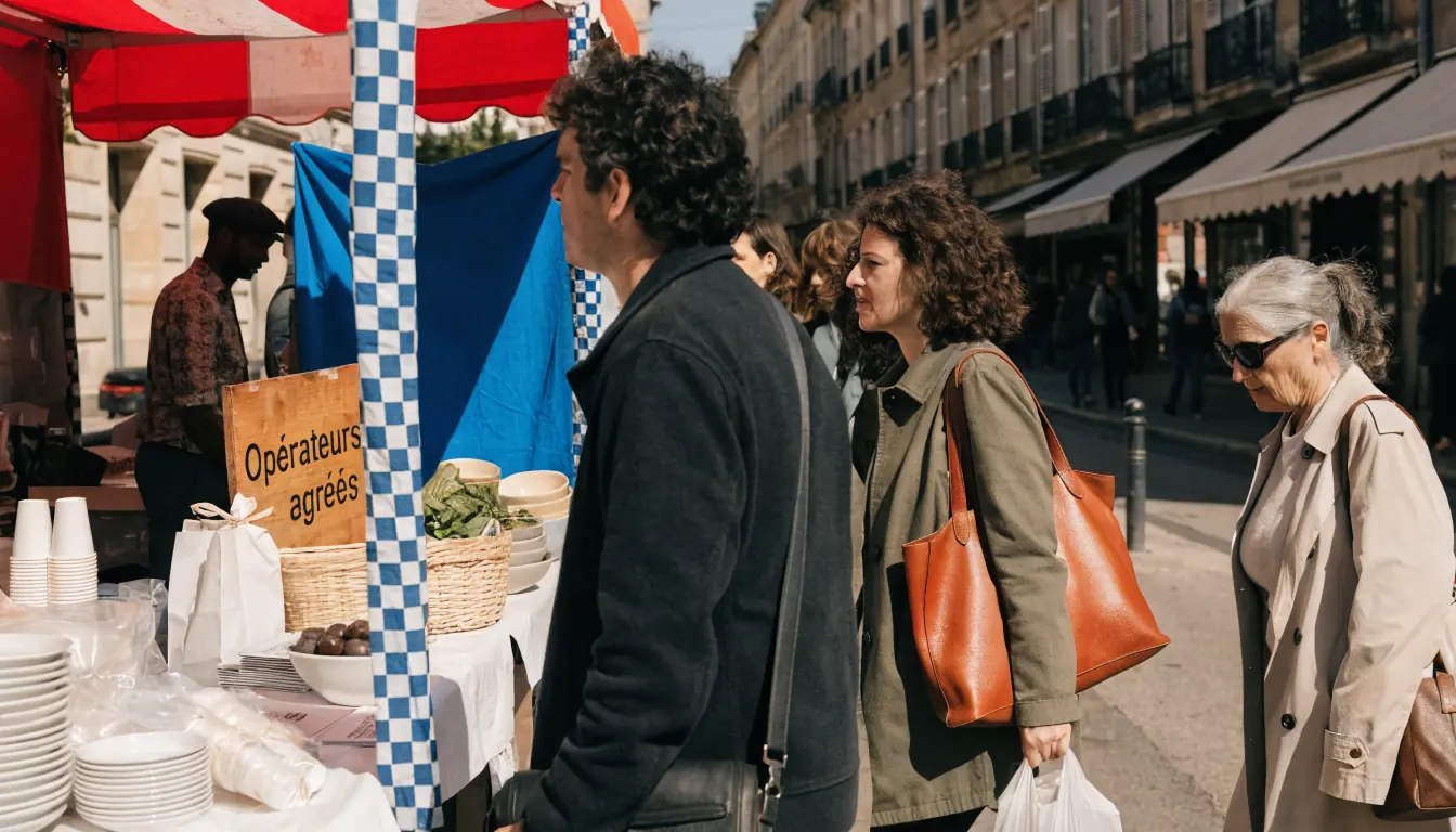 Stand de marché français avec signe des opérateurs agréés