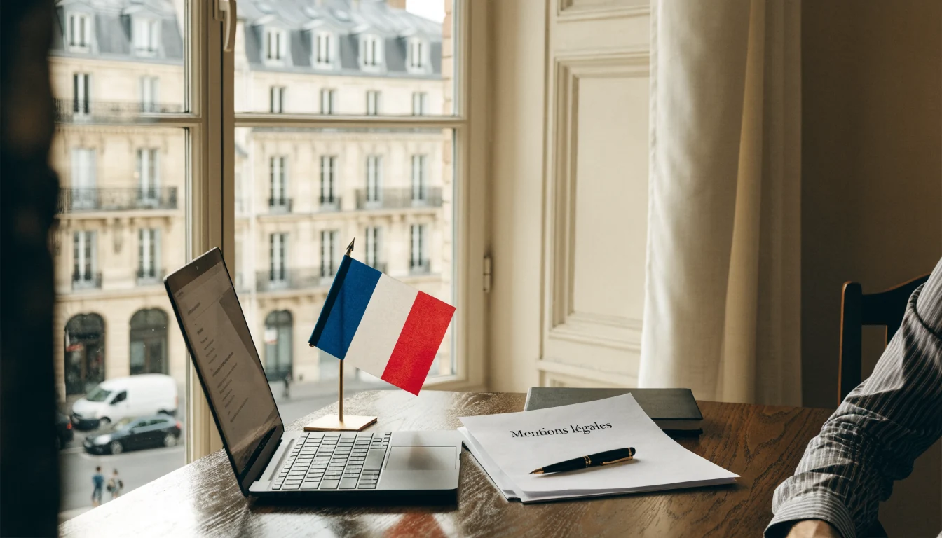 Bureau français avec documents légaux et drapeau.