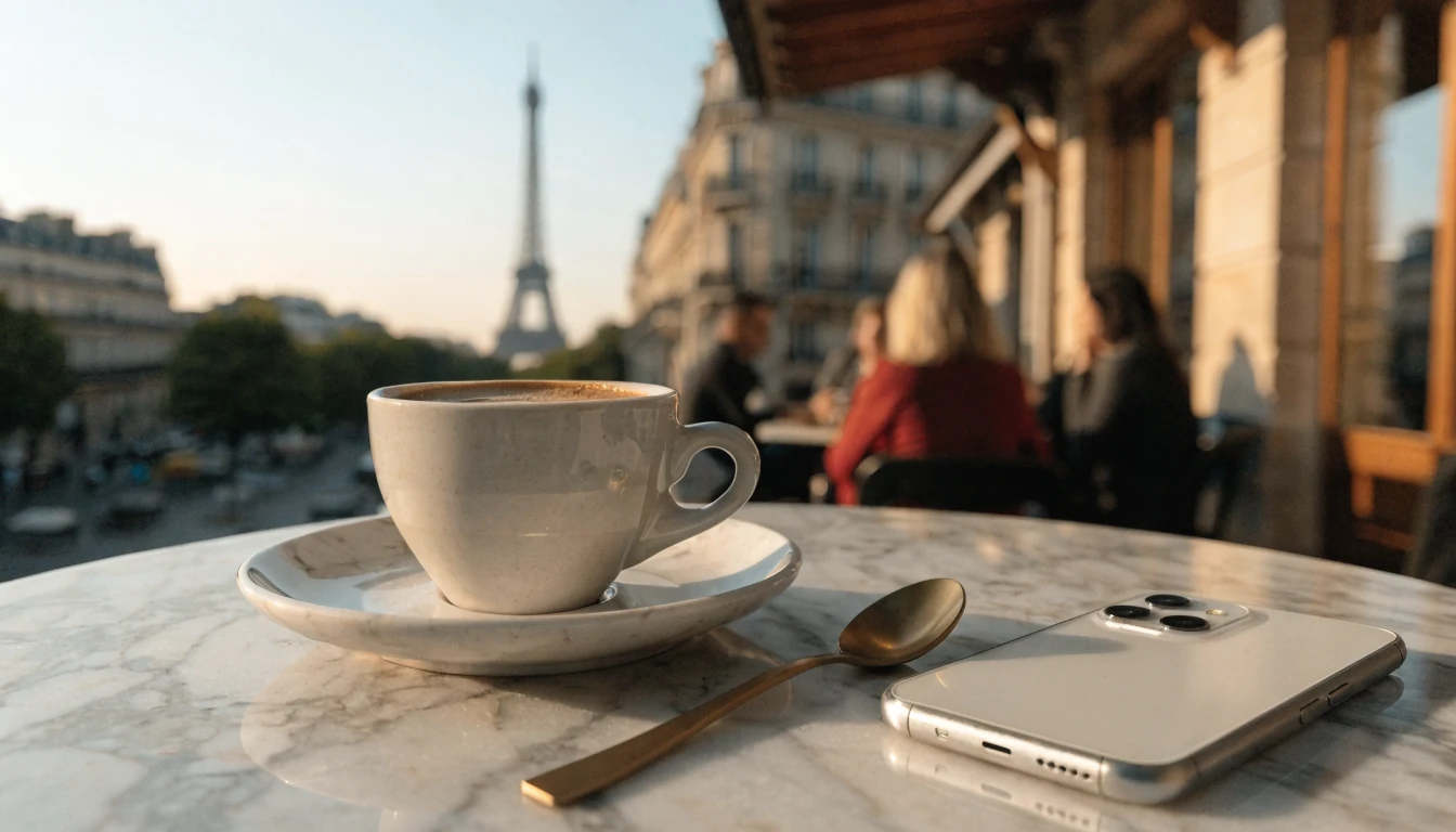 iPhone sur une terrasse parisienne au coucher du soleil