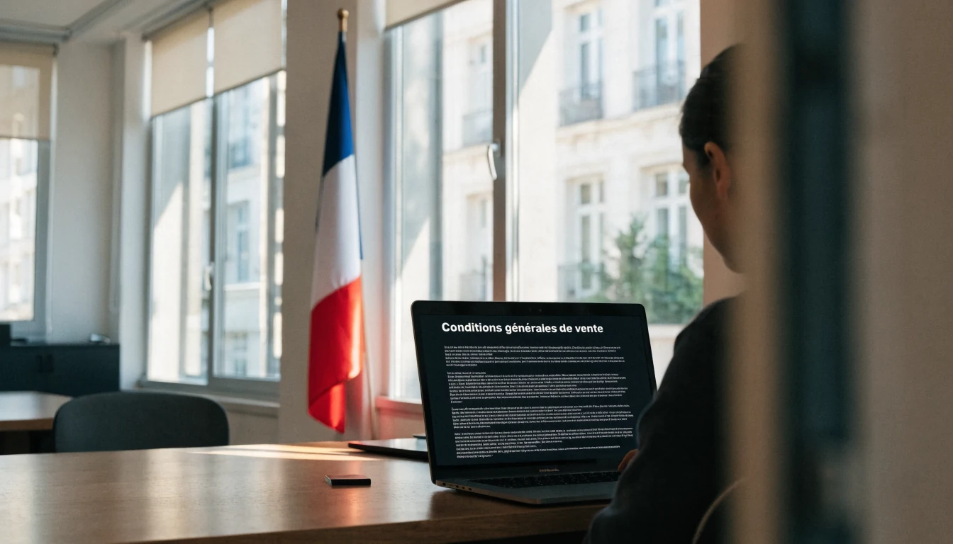 Bureau français moderne avec drapeau et texte juridique