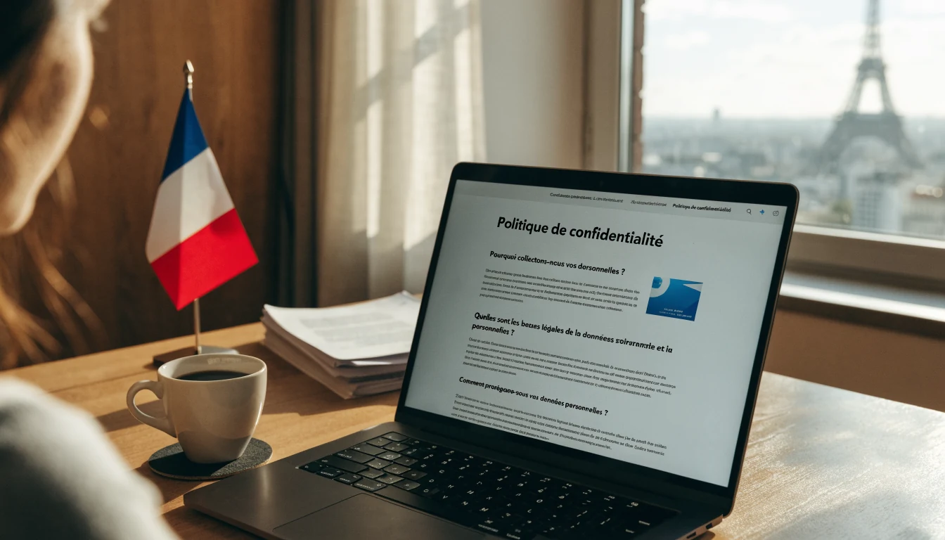 Bureau français moderne avec ordinateur affichant la politique de confidentialité