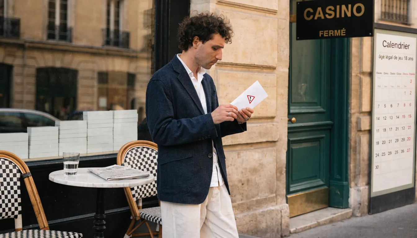 Adulte français devant un café, enveloppe d'avertissement, signe de casino fermé